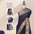 Navy Blue Sungudi cotton saree with gold zari checks and grey peacock motif border draped front view on mannequin 