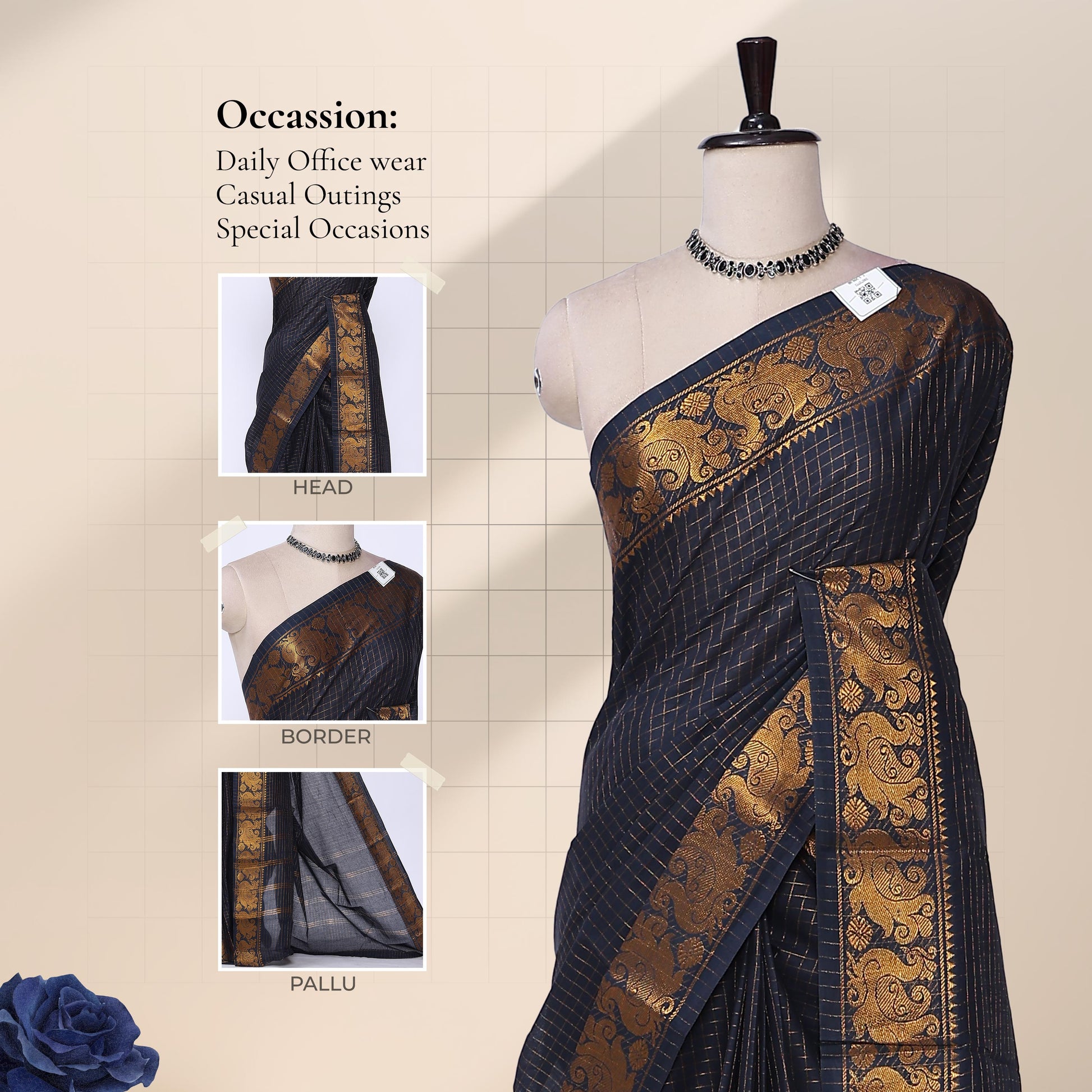 Blue Sungudi cotton saree with gold zari checks and peacock motif border draped front view on mannequin
