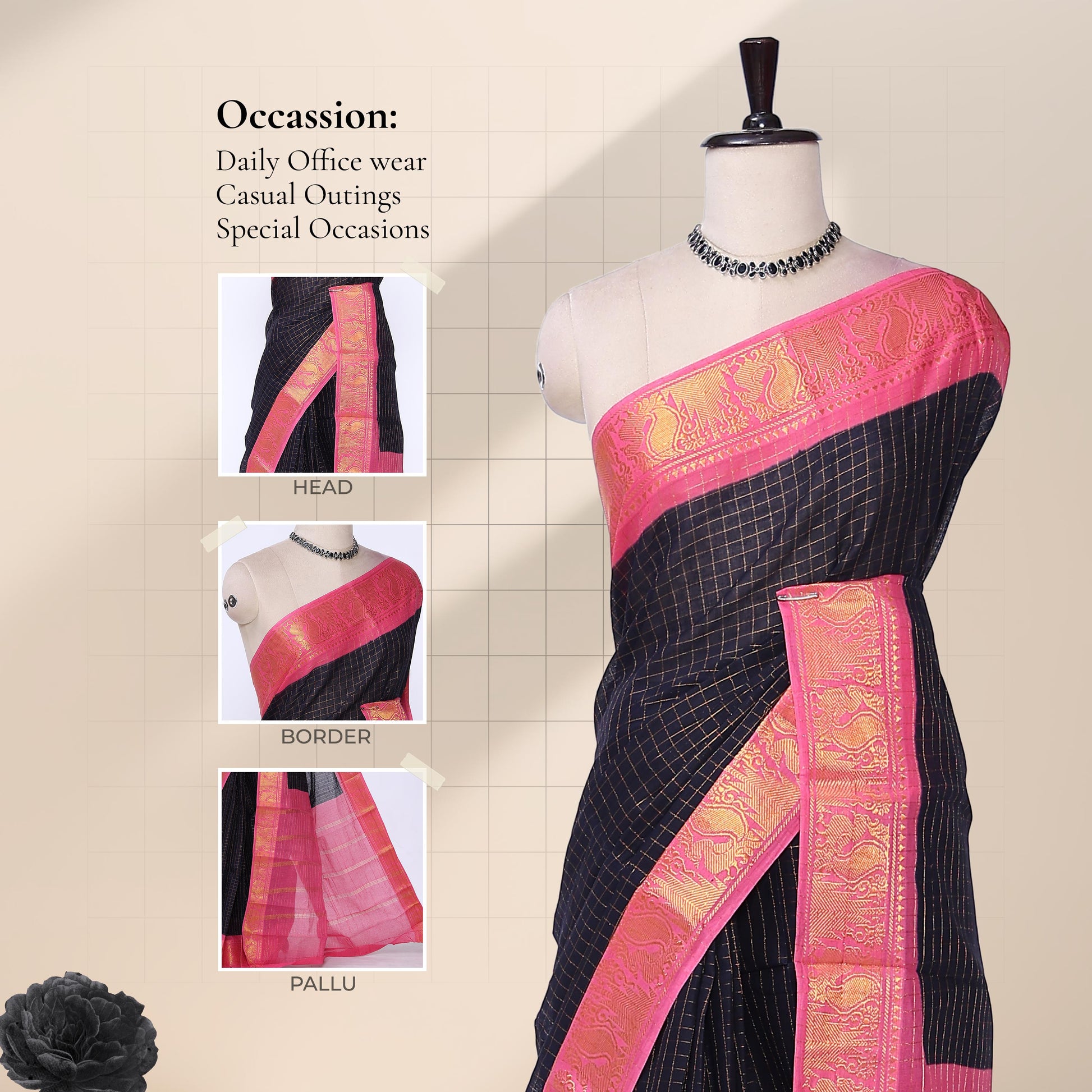 Navy Blue Sungudi cotton saree with gold zari checks and pink peacock motif border draped front view on mannequin