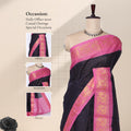 Royal Blue Sungudi cotton saree with gold zari checks and pink peacock motif border draped front view on mannequin