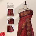 Sungudi cotton saree with elephant motif zari border in red and maroon draped on mannequin front view