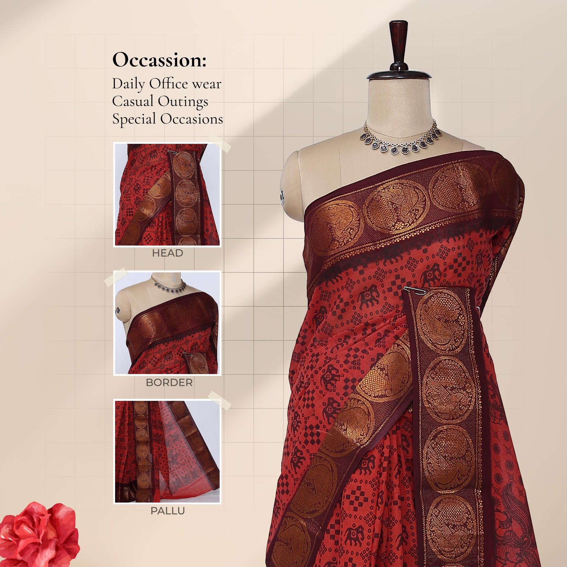Sungudi cotton saree with elephant motif zari border in red and maroon draped on mannequin front view