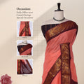 Peach Sungudi cotton saree with gold zari checks and maroon peacock motif border draped front view on mannequin