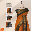 Mustard Sungudi cotton saree with gold zari checks and green peacock motif border draped front view on mannequin