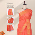 Orange Sungudi cotton saree with gold zari checks and peacock motif border draped front view on mannequin