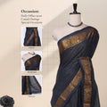 Navy Blue Sungudi cotton saree with gold zari checks and navy blue peacock motif border draped front view on mannequin