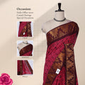 Sungudi cotton saree with contrast zari border in magenta and maroon front draped mannequin view