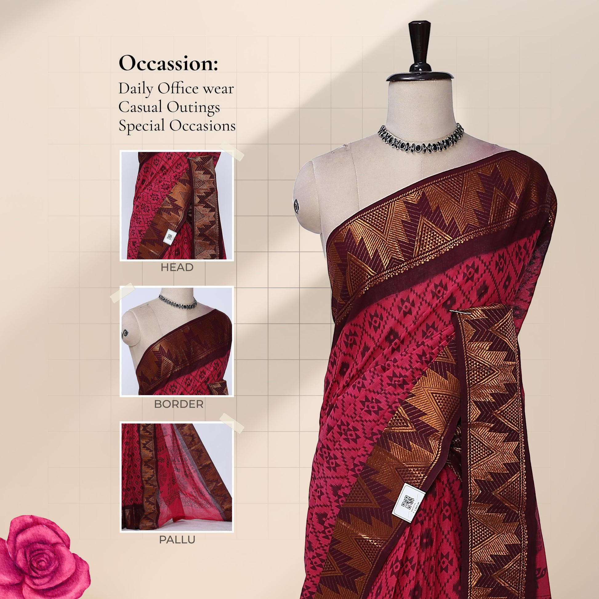 Sungudi cotton saree with contrast zari border in magenta and maroon front draped mannequin view