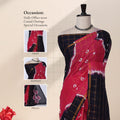 Sungudi cotton saree with pink and navy blue tie-dye design white bandhani motifs and gold checks front drape view on mannequin