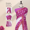 Sungudi cotton saree with purple and white tie-dye design white bandhani motifs and gold checks front drape view on mannequin