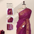 Magenta Sungudi cotton saree with gold zari checks and peacock motif border draped front view on mannequin