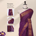 Purple Sungudi cotton saree with gold zari checks and peacock motif border draped front view on mannequin