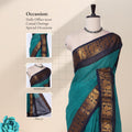 Teal Sungudi cotton saree with gold zari checks and blue peacock motif border draped front view on mannequin
