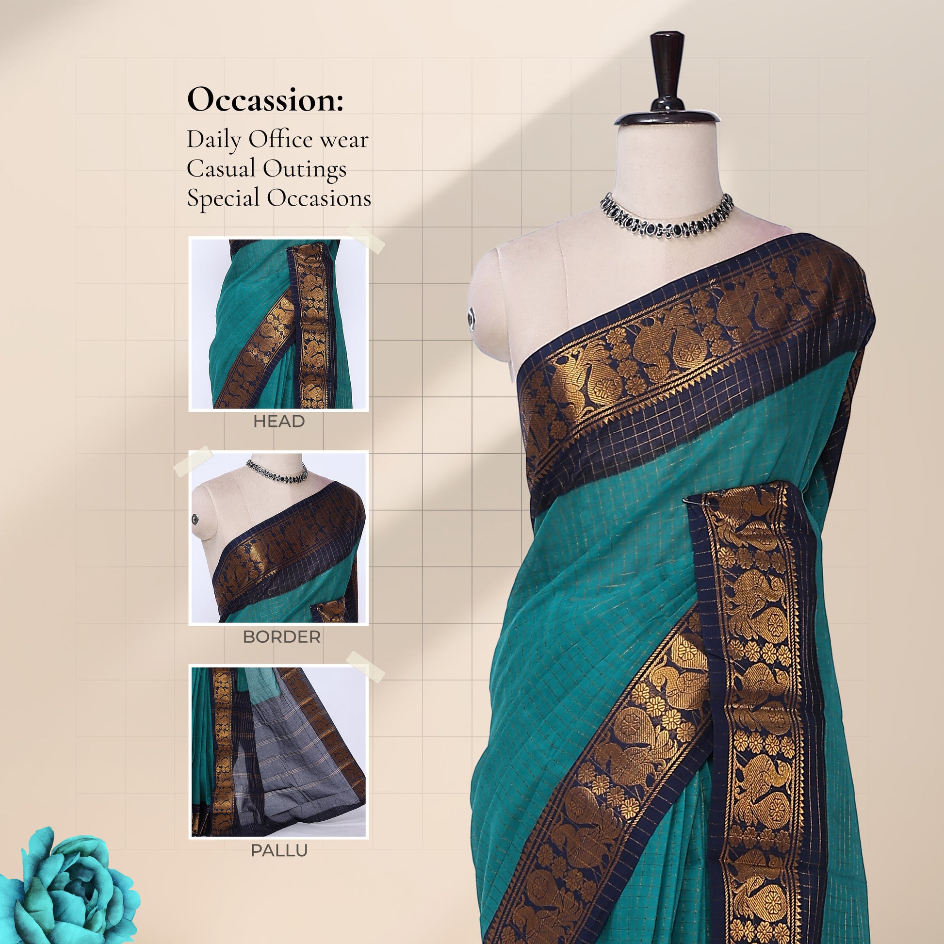 Teal Sungudi cotton saree with gold zari checks and blue peacock motif border draped front view on mannequin