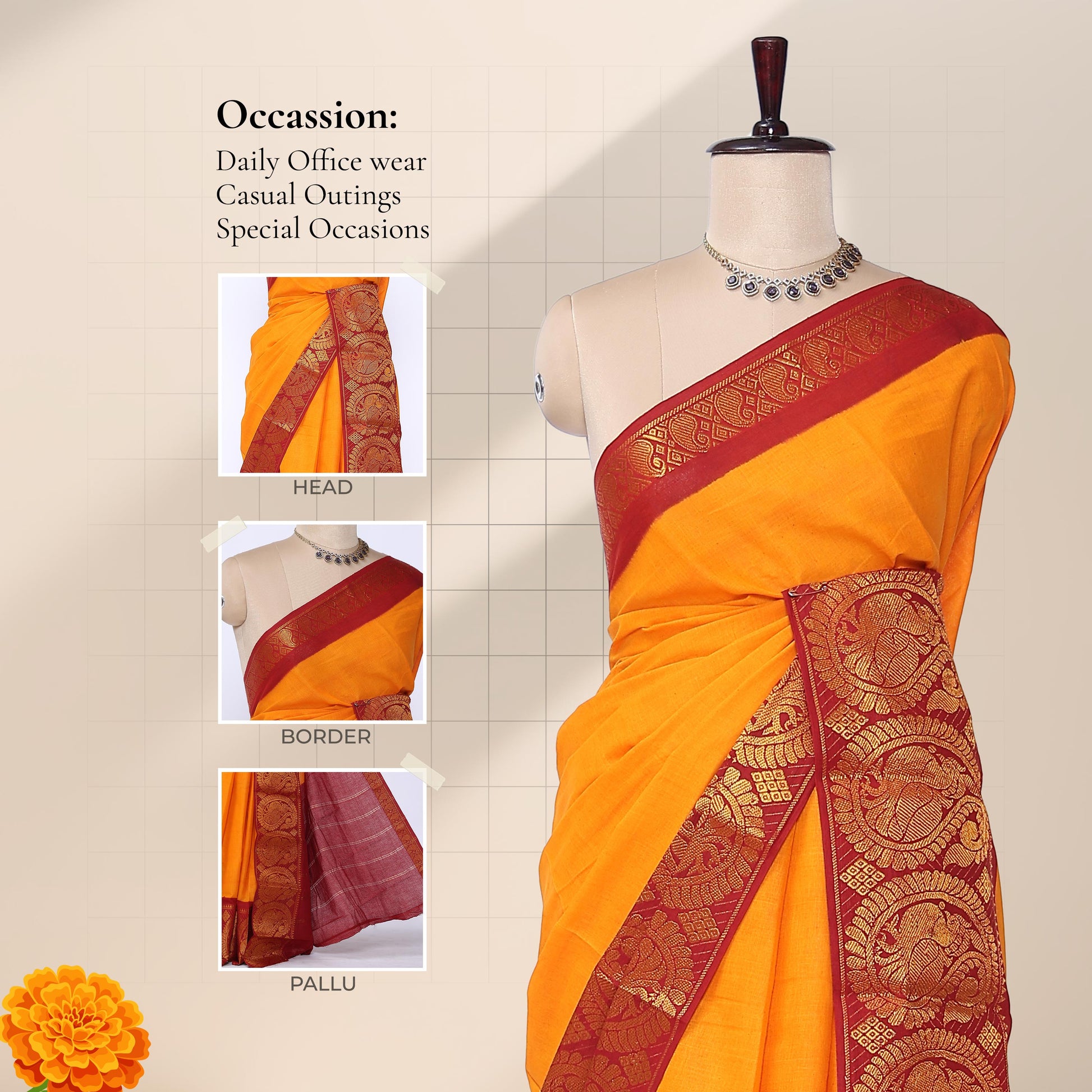 Sungudi cotton saree with vibrant yellow body and maroon gold zari border front view on mannequin