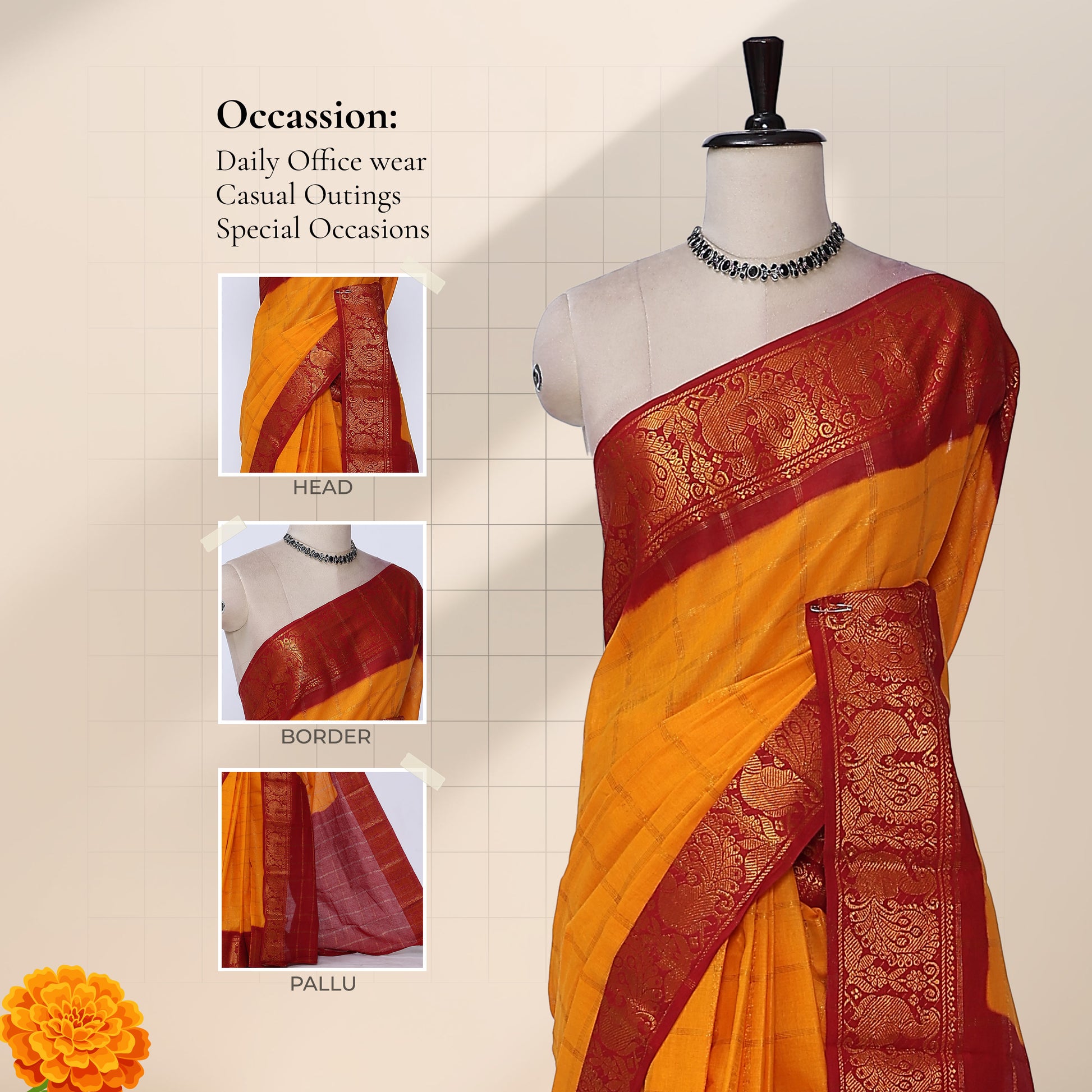 Sungudi cotton saree with gold check yellow body and red zari border front draped view on mannequin