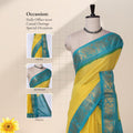 Yellow Sungudi cotton saree with gold zari checks and green peacock motif border draped front view on mannequin