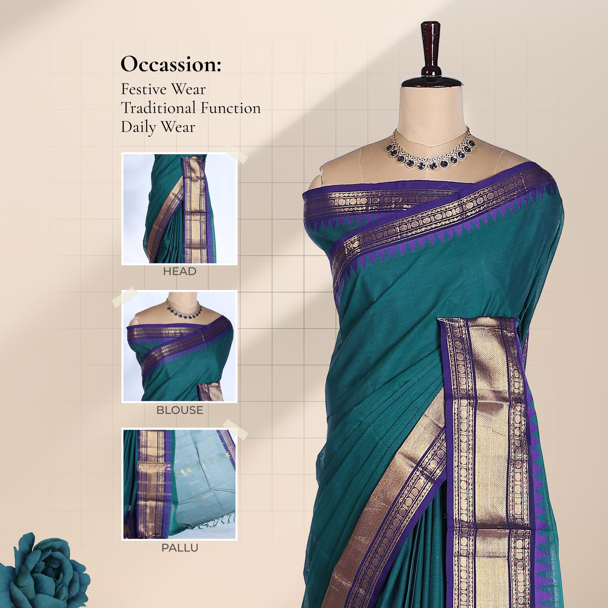 Kanchi Cotton Saree With Teal Green Body Purple Zari Border And Traditional Pallu Front Draped Mannequin View
