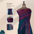 Kanchi Cotton Saree With Teal Blue Body And Magenta Zari Border Full Length Front Draped View On Mannequin
