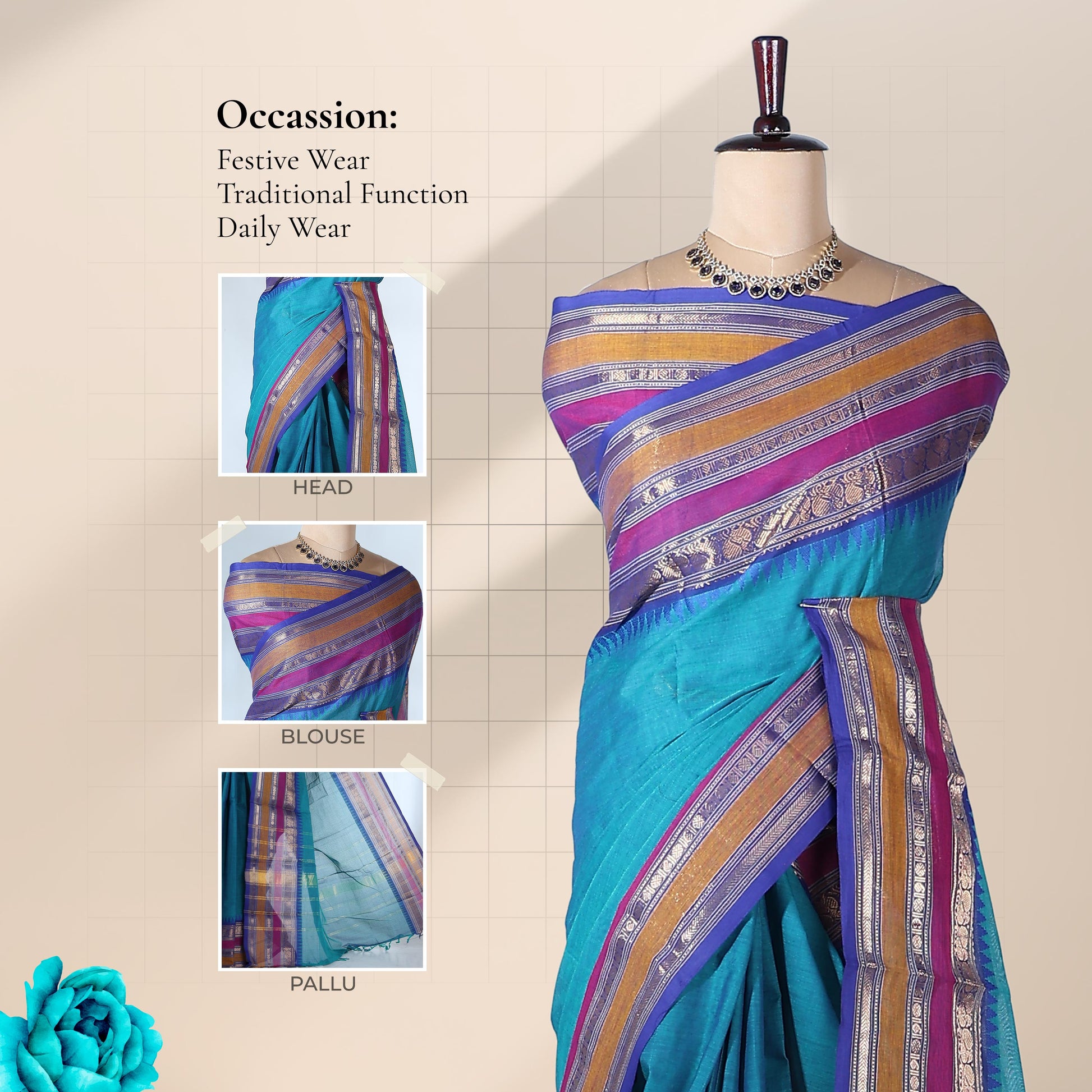 Kanchi Cotton Saree With Teal Blue Body And Purple Gold Zari Border Elegantly Draped On Mannequin Front View

