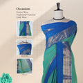Kanchi Cotton Saree With Teal Green Body And Royal Blue Zari Border Front View Draped On Mannequin
