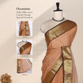 Venkatagiri cotton saree with golden zari border in beige color front view on mannequin with detailed pallu.