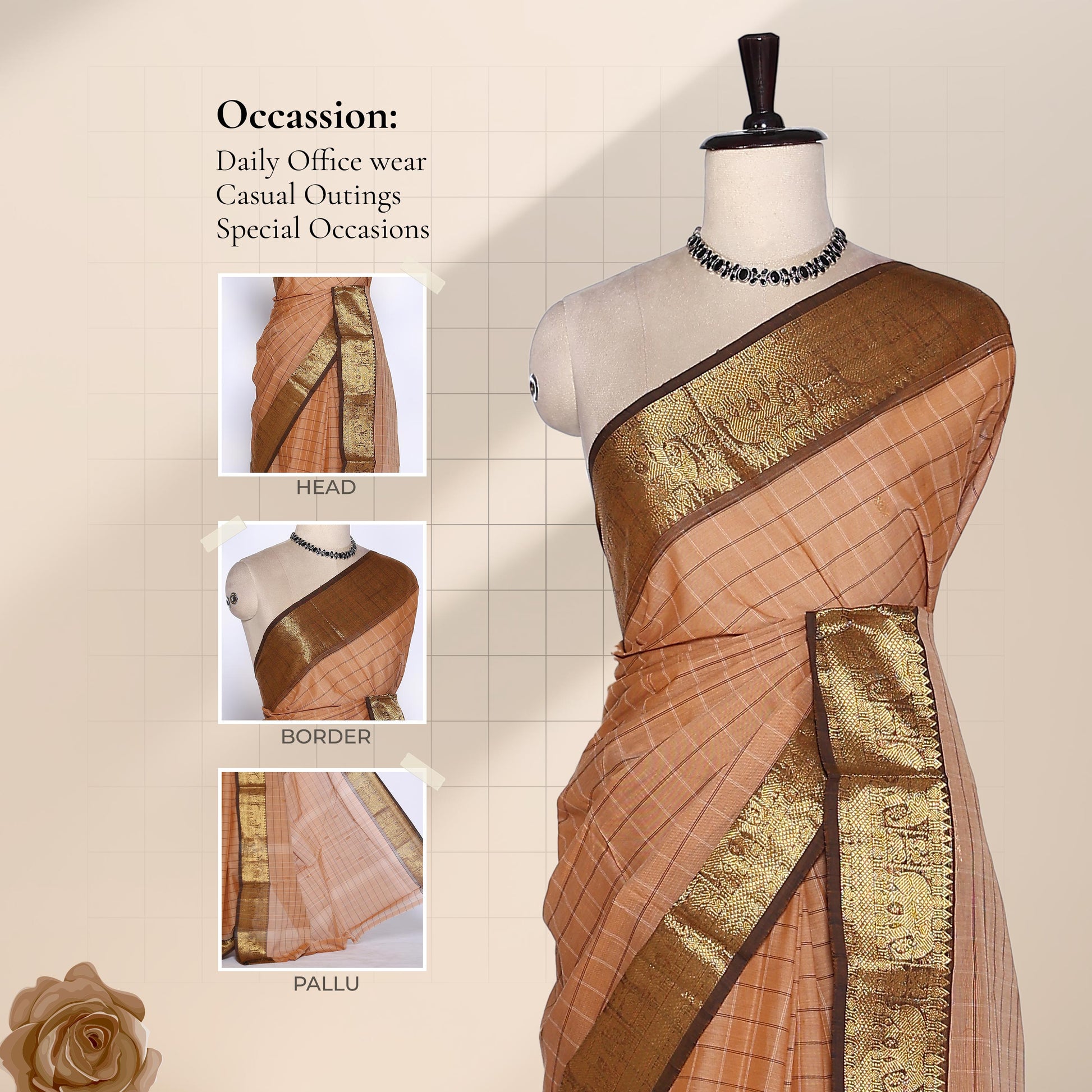 Venkatagiri cotton saree with golden zari border in beige color front view on mannequin with detailed pallu.