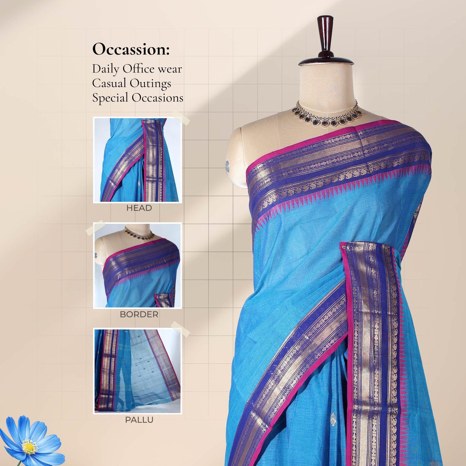 Venkatagiri cotton saree with blue zari border and pink edging in sky blue front draped view on mannequin.