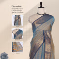 Venkatagiri cotton saree with blue zari border blue checked design and gold motifs draped front view on mannequin.