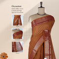 Venkatagiri cotton saree with brown checks broad maroon gold zari border and pallu front draped view. 