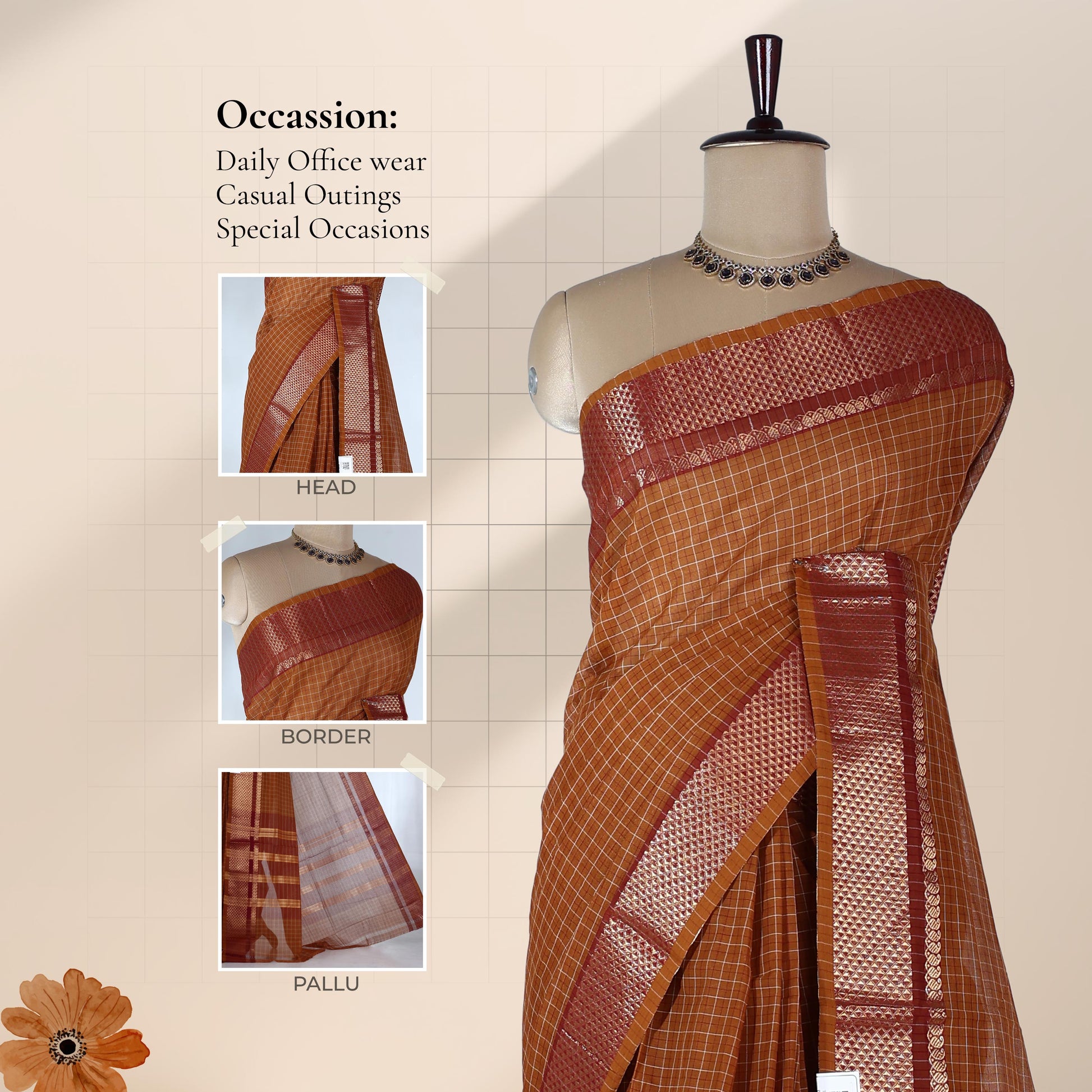 Venkatagiri cotton saree with brown checks broad maroon gold zari border and pallu front draped view. 