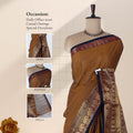 Venkatagiri cotton saree with brown body and traditional elephant and peacock zari border front draped mannequin view