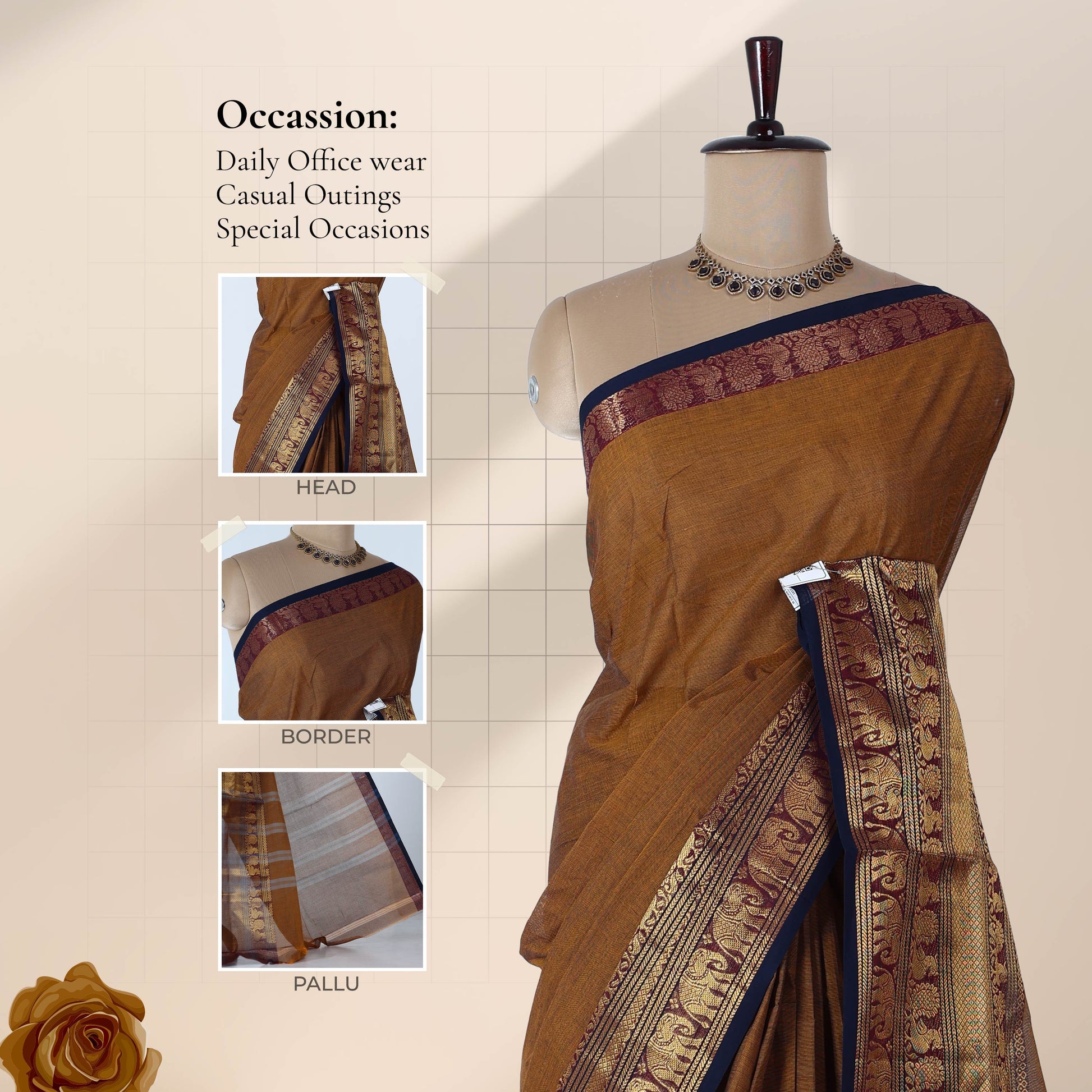 Venkatagiri cotton saree with brown body and traditional elephant and peacock zari border front draped mannequin view