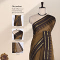 Front view of Venkatagiri cotton saree in brown with black and gold zari border draped on mannequin.