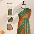 Front view of Venkatagiri cotton saree in light brown with green and gold zari border draped on mannequin.