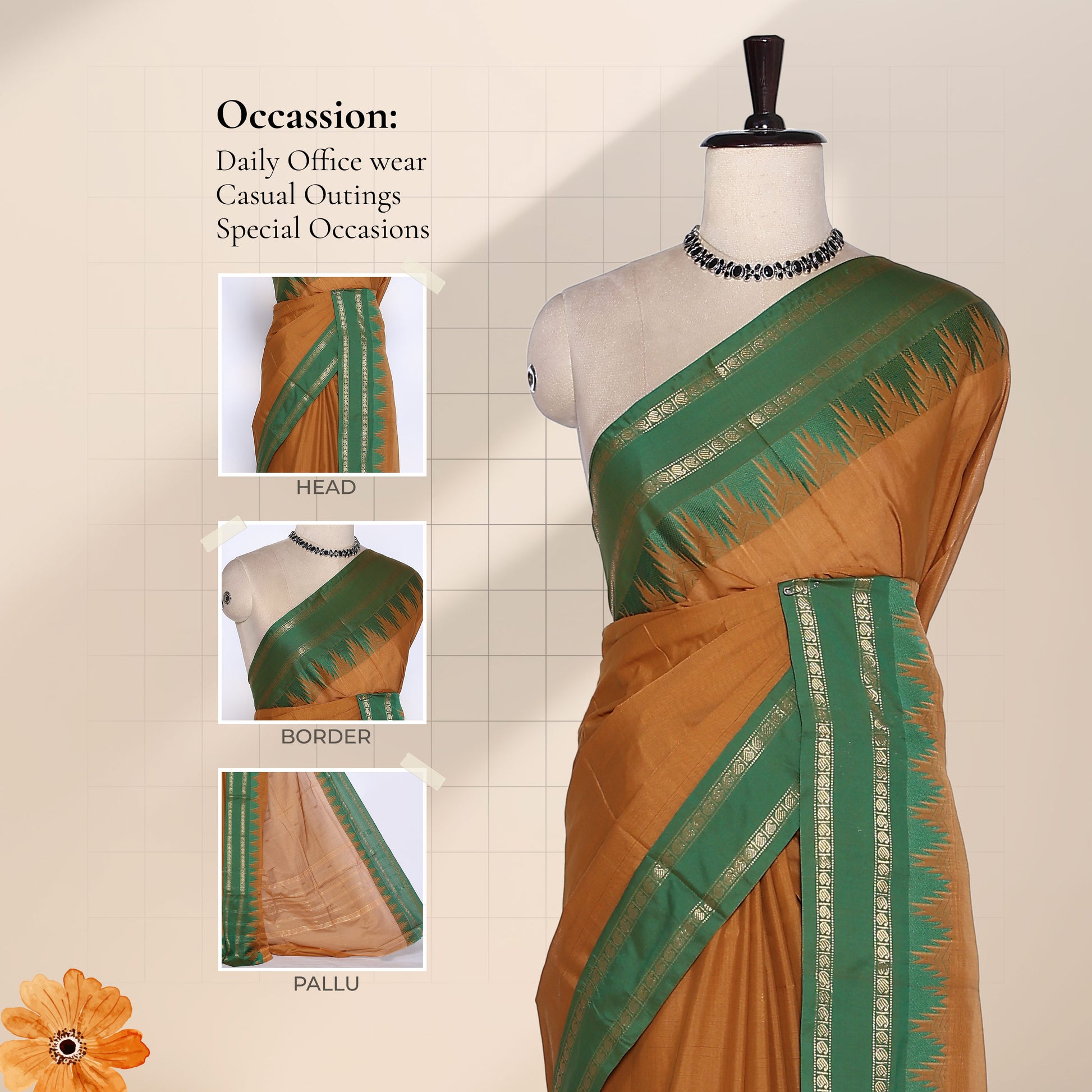 Front view of Venkatagiri cotton saree in light brown with green and gold zari border draped on mannequin.