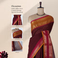 Venkatagiri cotton saree with brown checked body and mustard gold zari border front draped mannequin view