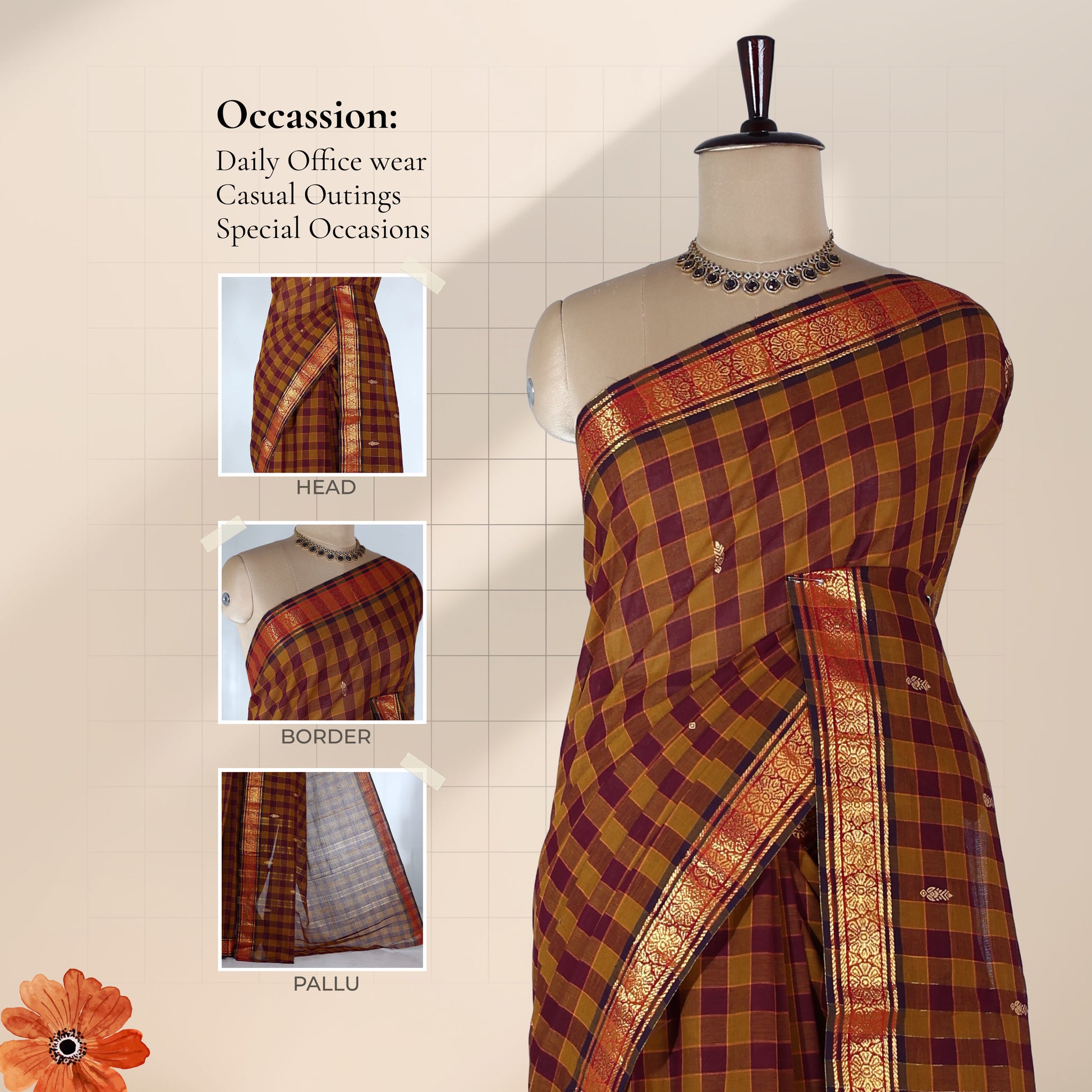 Venkatagiri cotton saree with brown and maroon checks zari buttas and contrast zari border front draped mannequin view