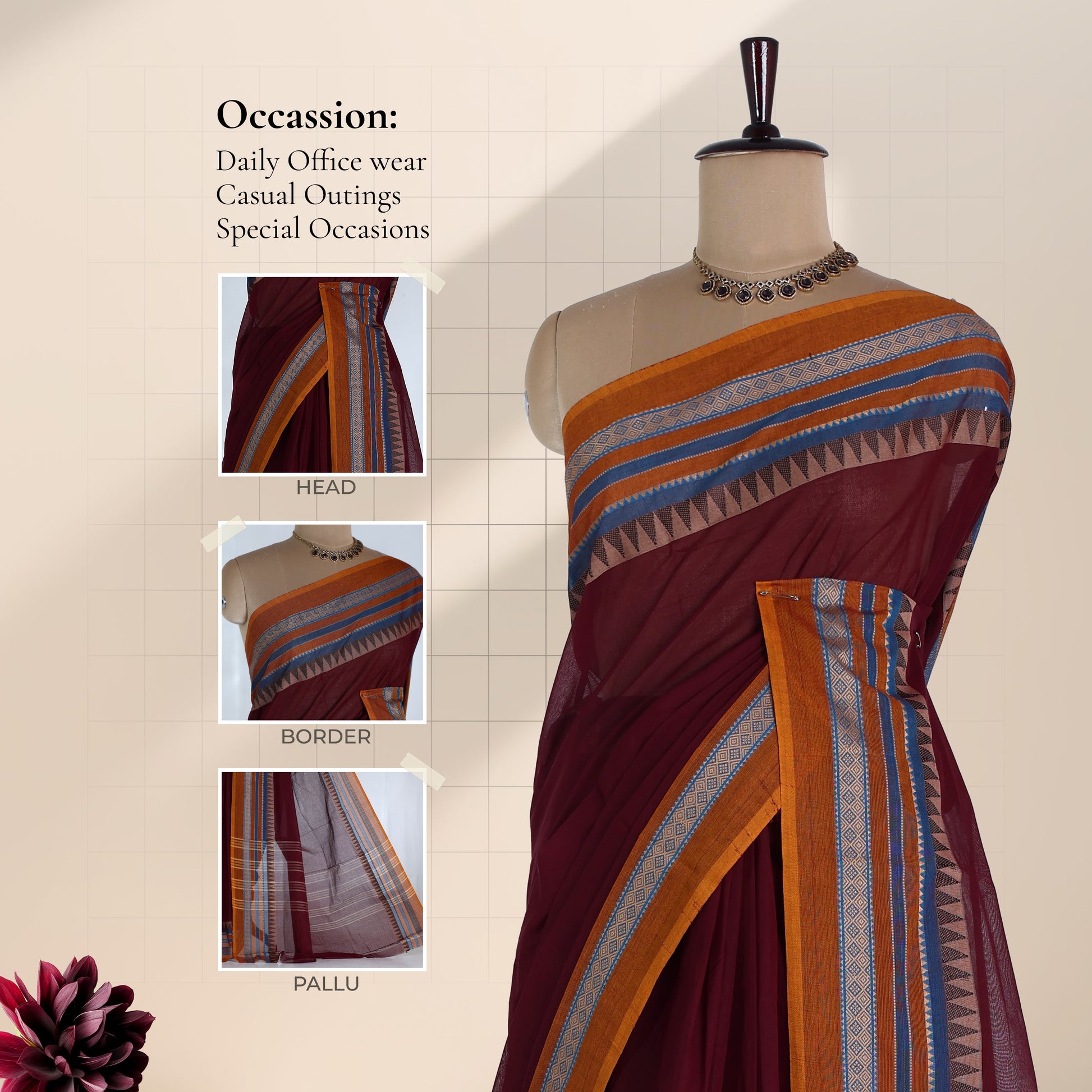 Venkatagiri cotton saree with mustard and blue woven border on maroon body front view with border and pallu details