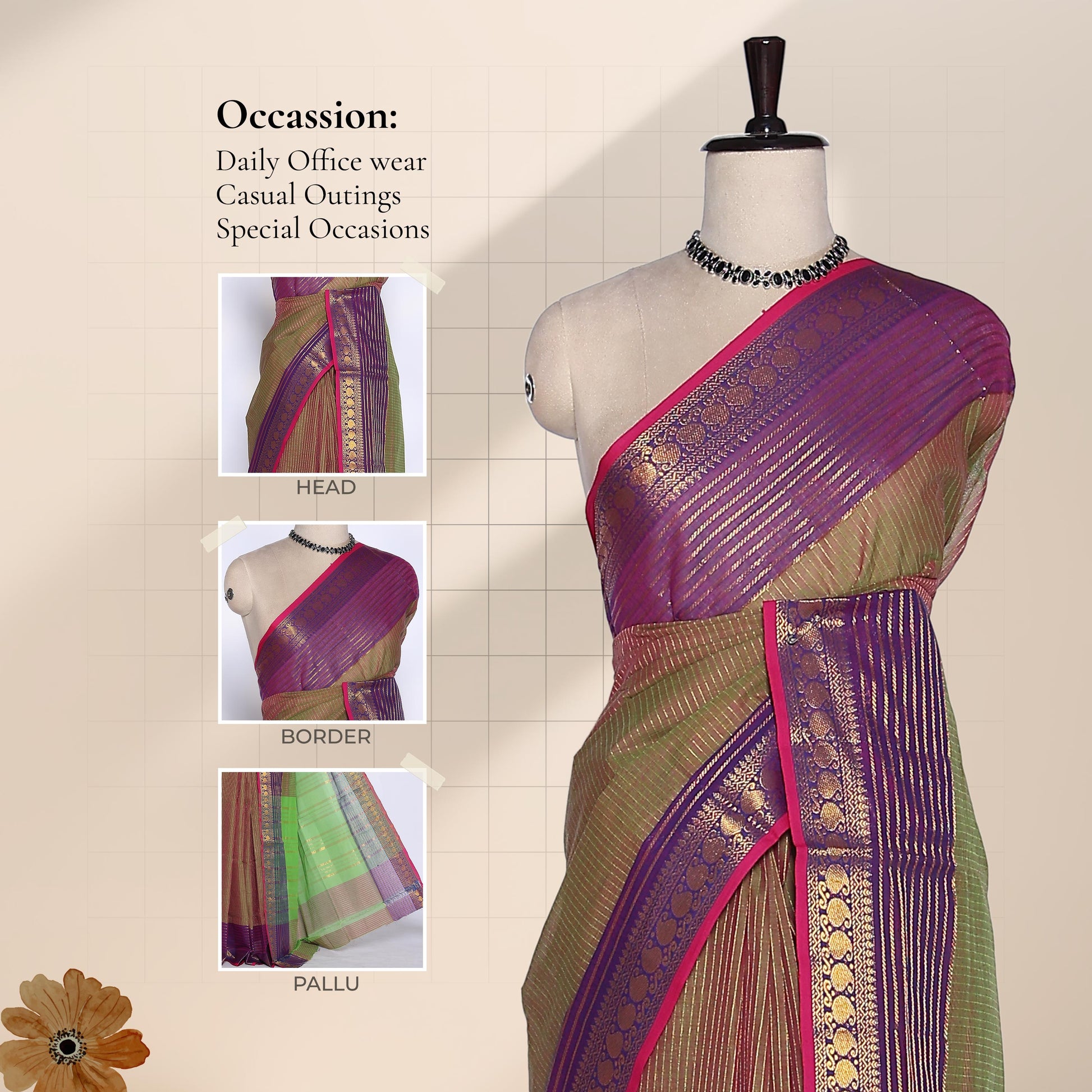 Venkatagiri cotton saree with gold stripes purple zari border and pink edging draped on mannequin front view.