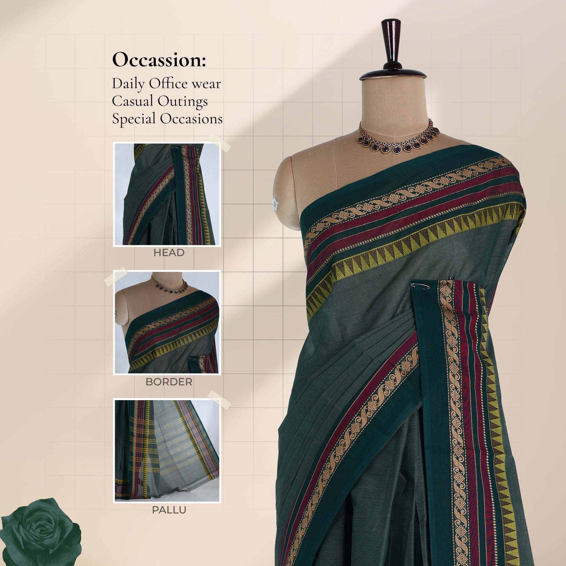 Venkatagiri cotton saree with dark green body and geometric zari border front draped mannequin view