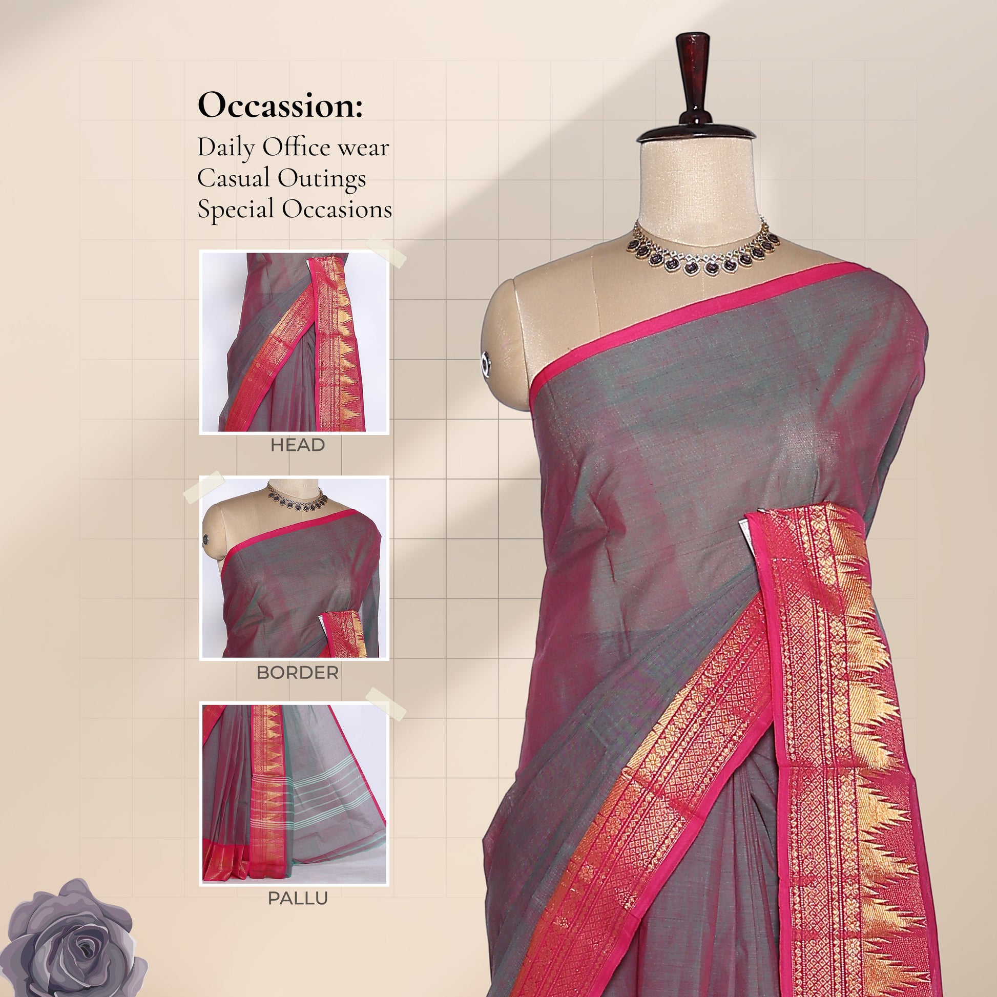 Front view of Venkatagiri cotton saree in dark grey with red zari border and woven traditional pallu