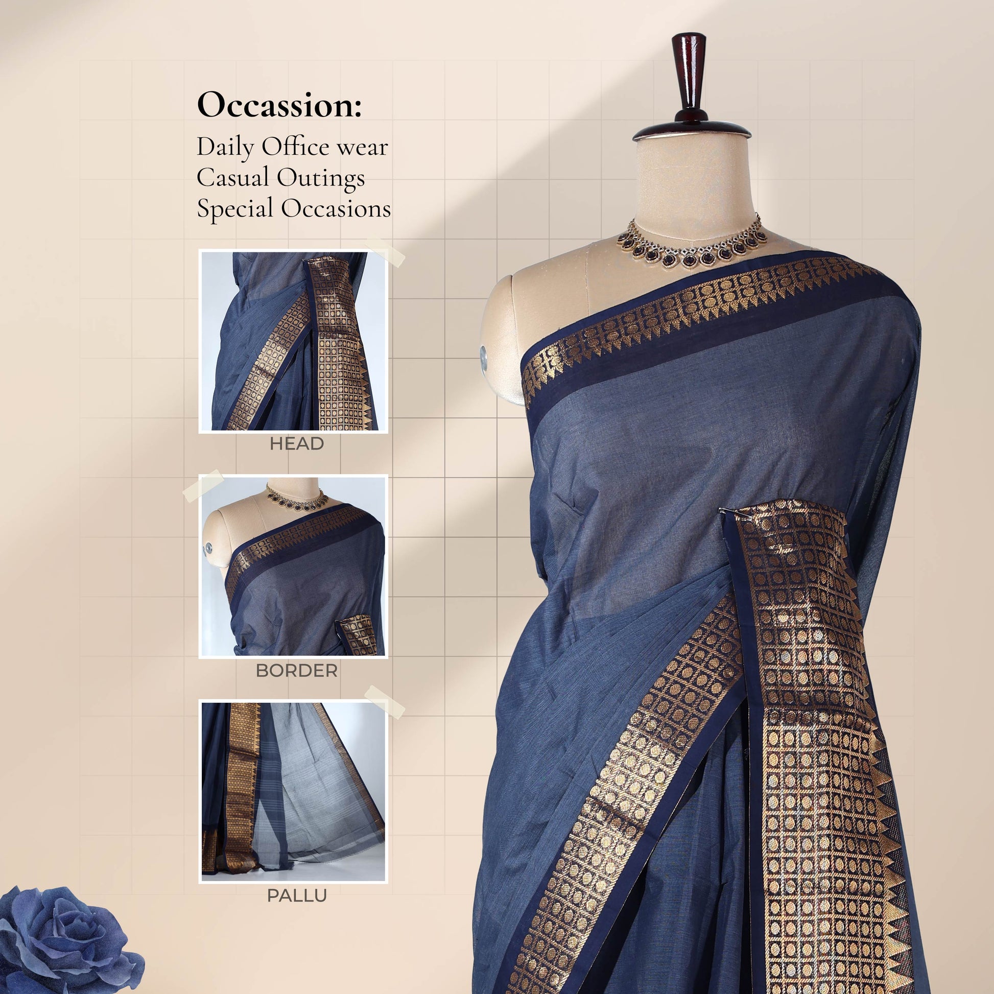 Venkatagiri cotton saree with gold zari temple border in grey draped on mannequin front view with pallu. 