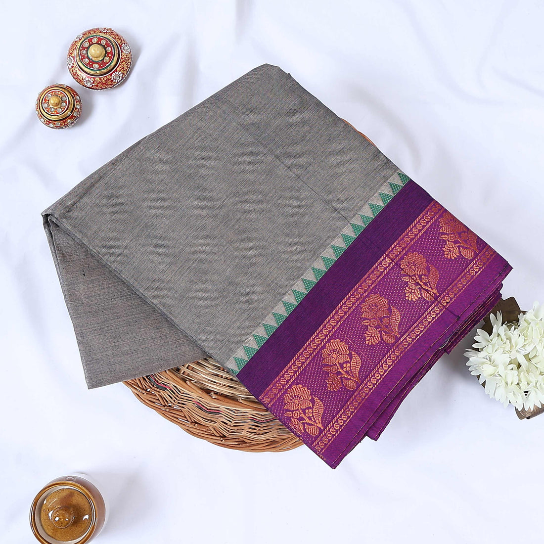 Grey Venkatagiri Cotton Saree for Women | Daily Office Wear & Casual Collection | Jeyachandran - Full View