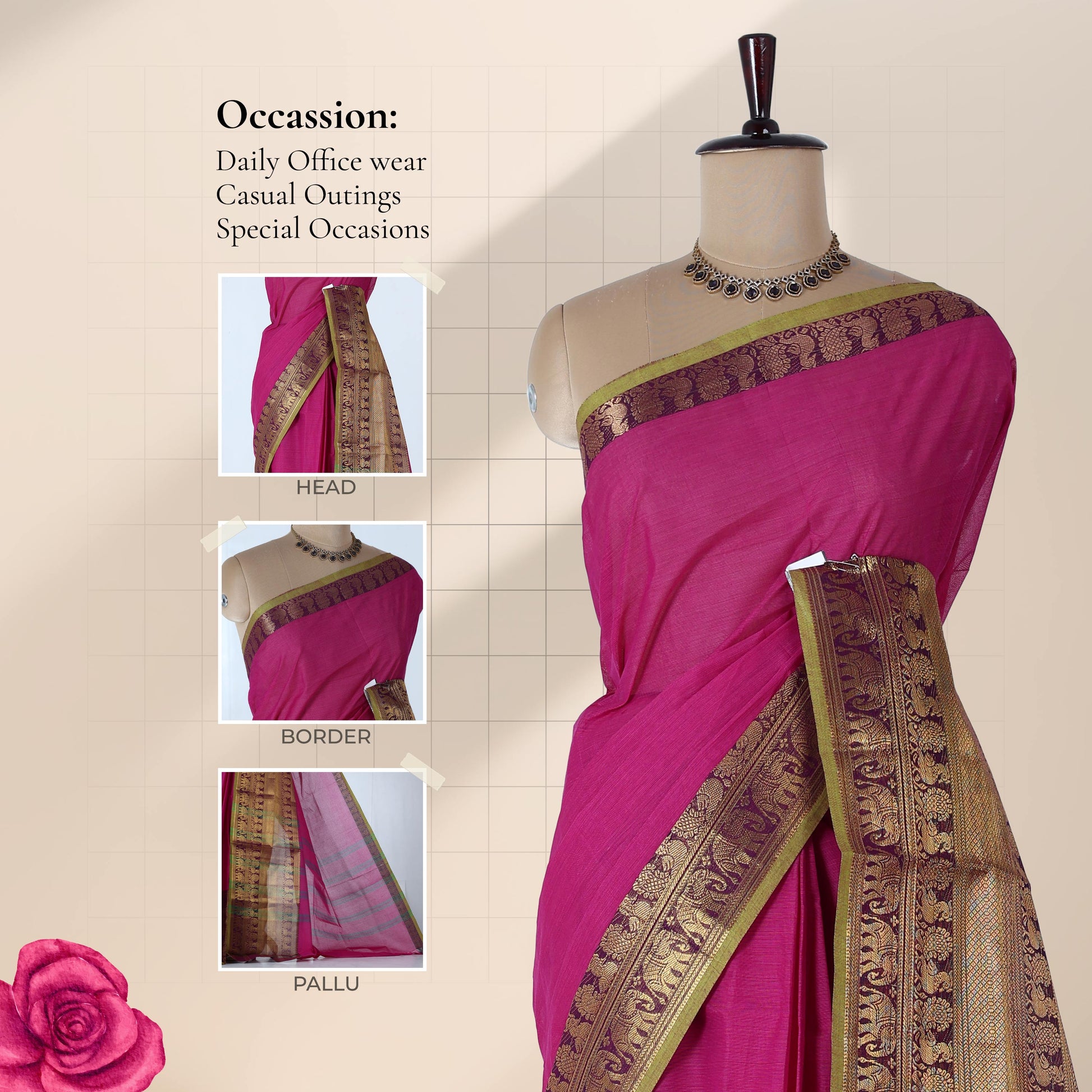 Venkatagiri cotton saree with pink body and traditional elephant and peacock zari border front draped mannequin view