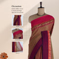 Venkatagiri cotton saree with olive  body, pink and purple zari peacock border front draped mannequin view.