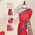 Venkatagiri cotton saree with purple and gold zari border in vibrant dark pink draped on mannequin front view.