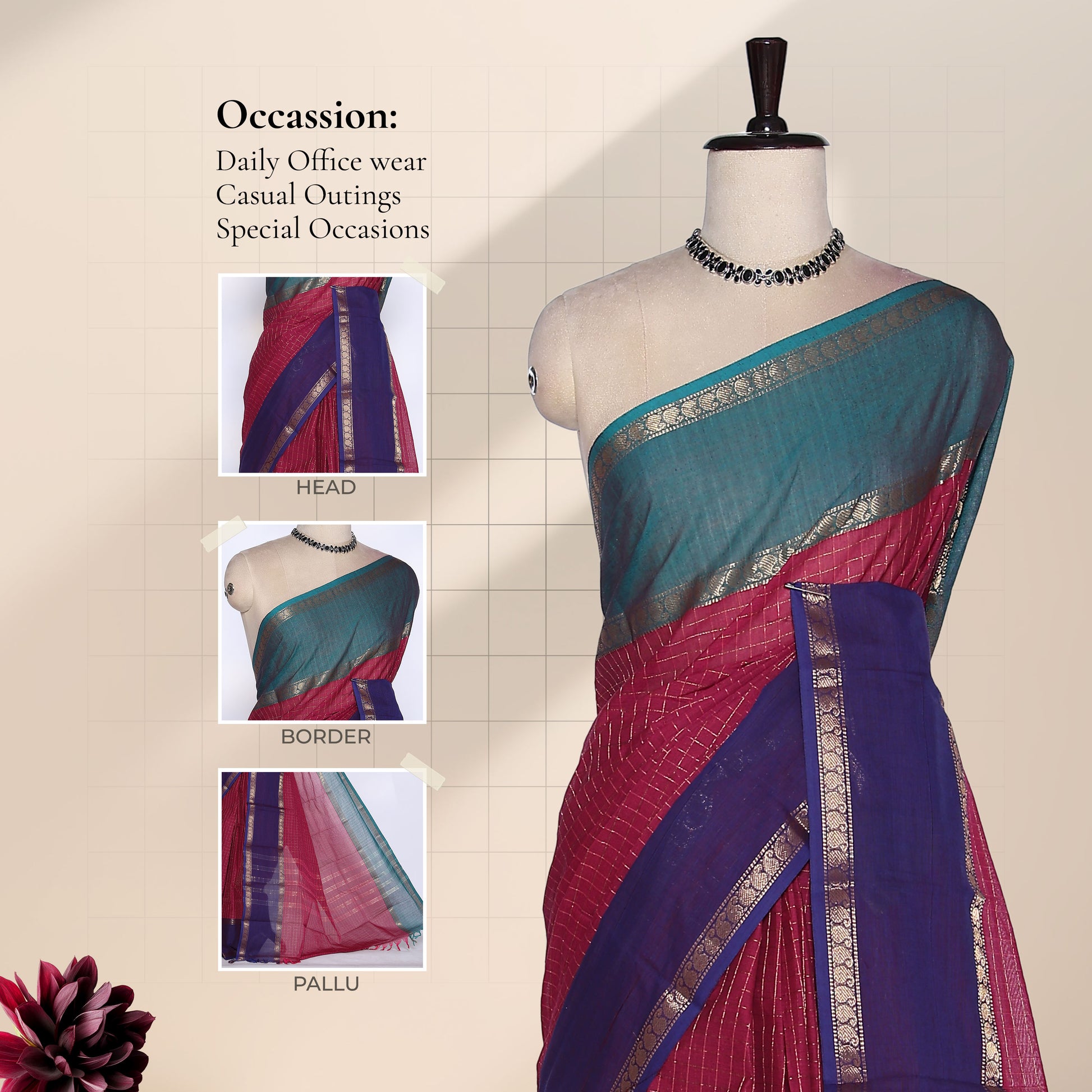 Front view of Venkatagiri cotton saree in teal blue, pink and royal blue with zari border draped on mannequin.