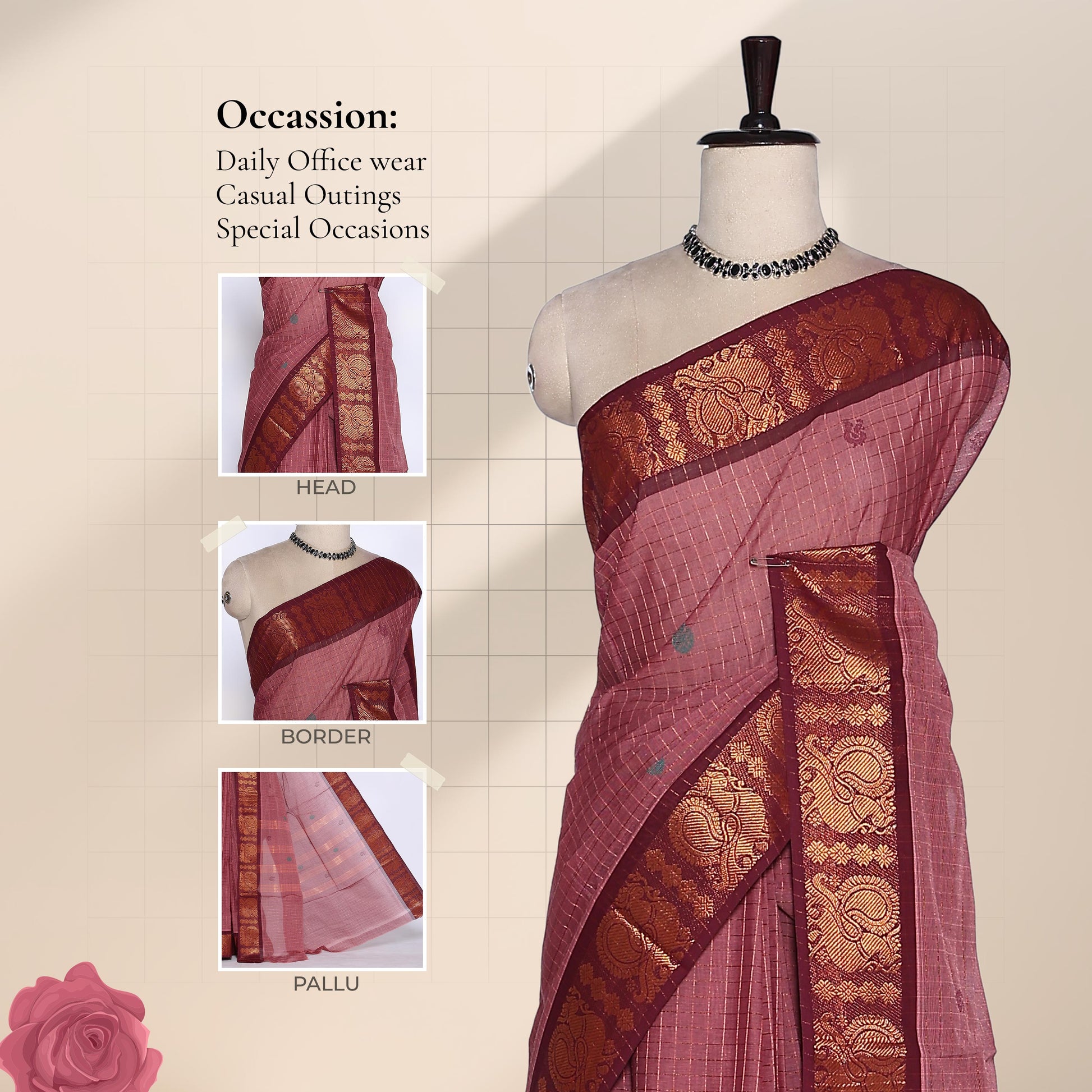 Venkatagiri cotton saree with zari paisley border in dusty pink and maroon front view on mannequin with detail close ups.