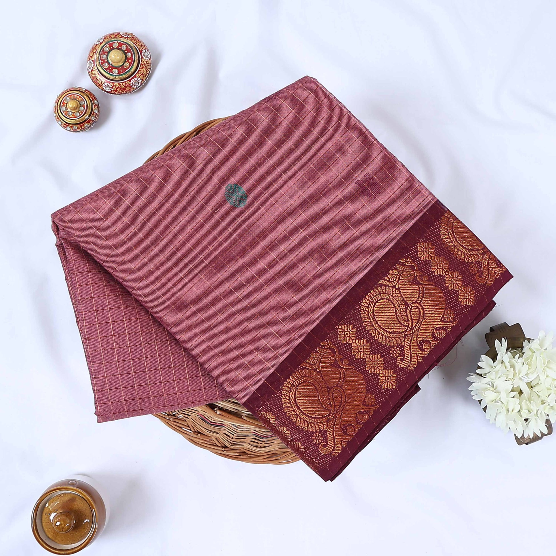 Venkatagiri cotton saree with pink checks gold buttas maroon peacock zari border front folded view